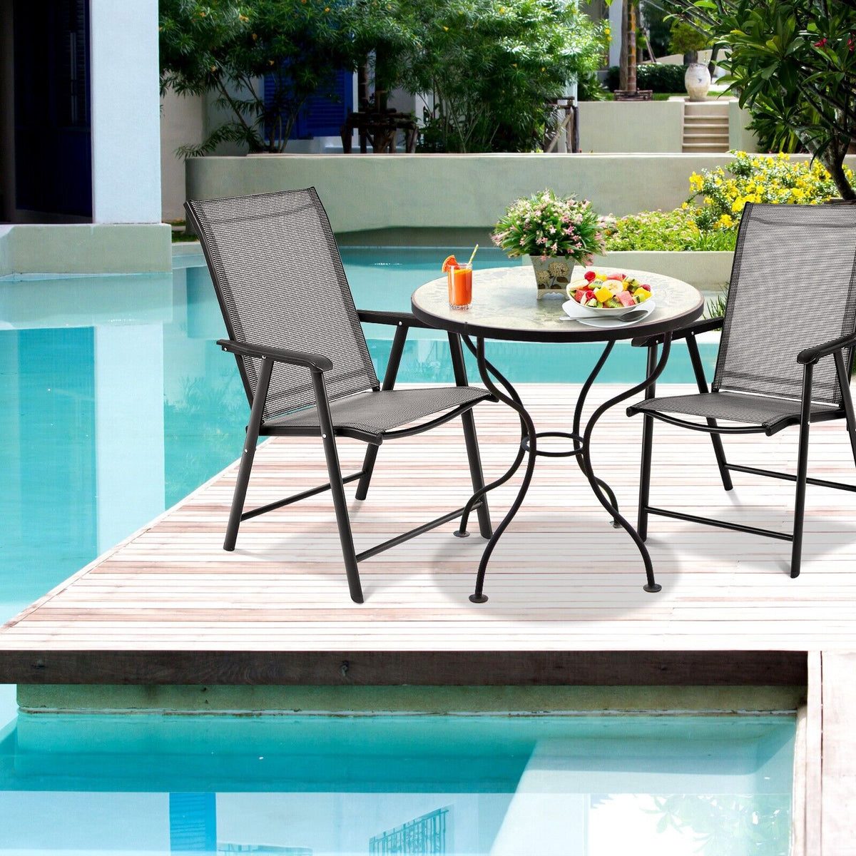 Set of 2 Folding Outdoor Dining Chairs with Ergonomic Armrests-Black