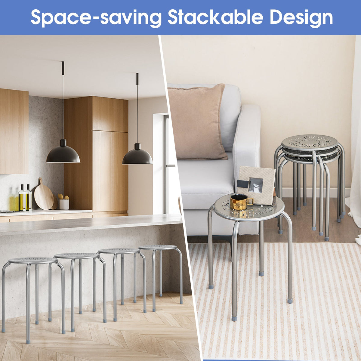 Set of 6 Round Metal Stools Support up to 120kg-Black