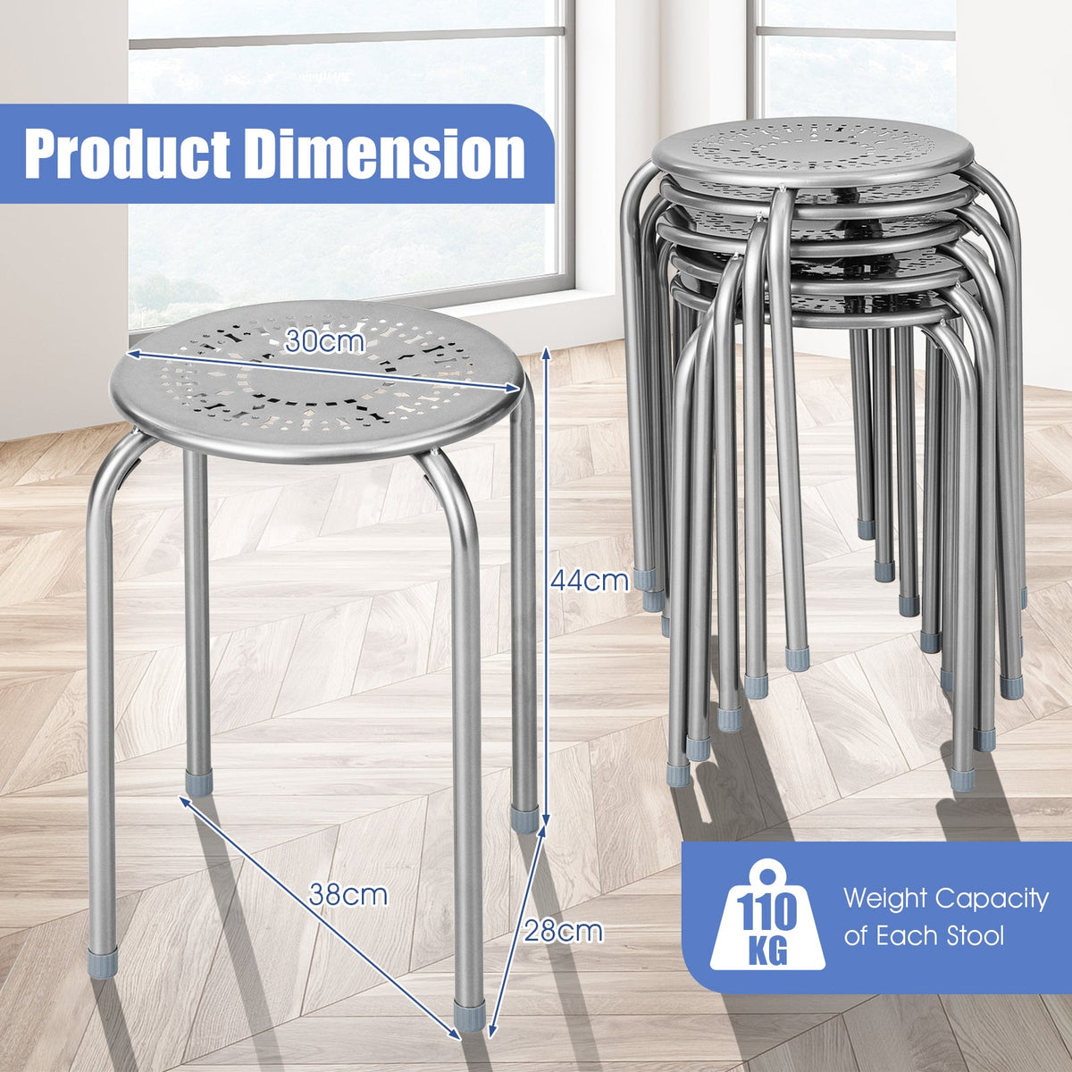 Set of 6 Round Metal Stools Support up to 120kg-Black