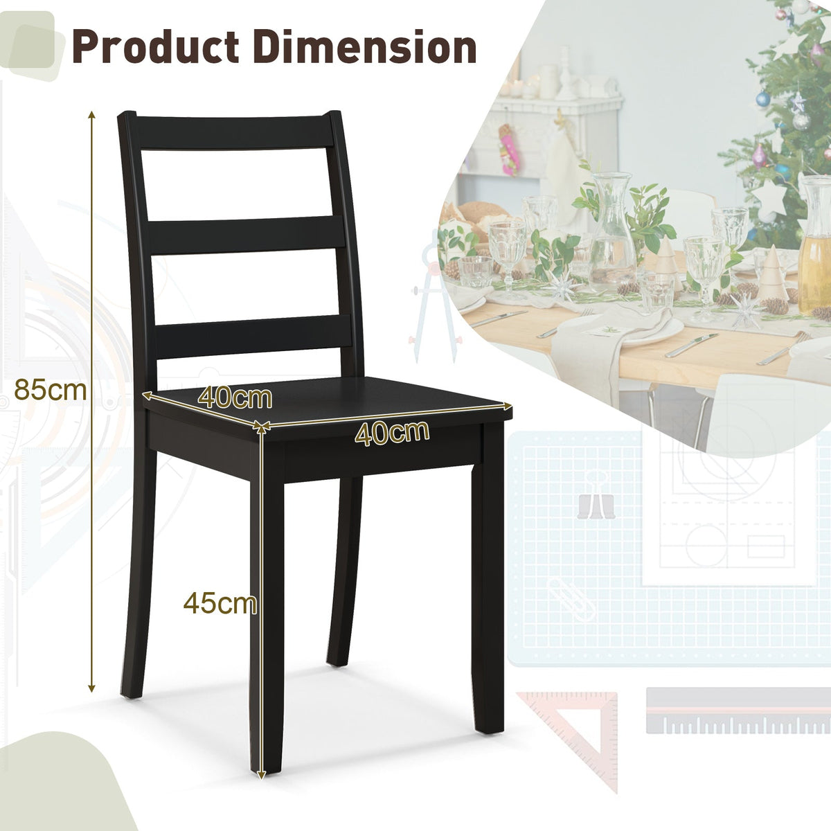 Set of 4 Dining Chairs with Back Armless Chairs with Solid Rubber Wood Legs-Black