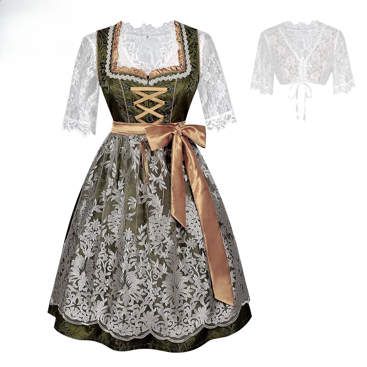 Women’s Green & Gold Dirndl Dress – Elegant Bavarian Oktoberfest Costume with Embroidered Tulle Apron