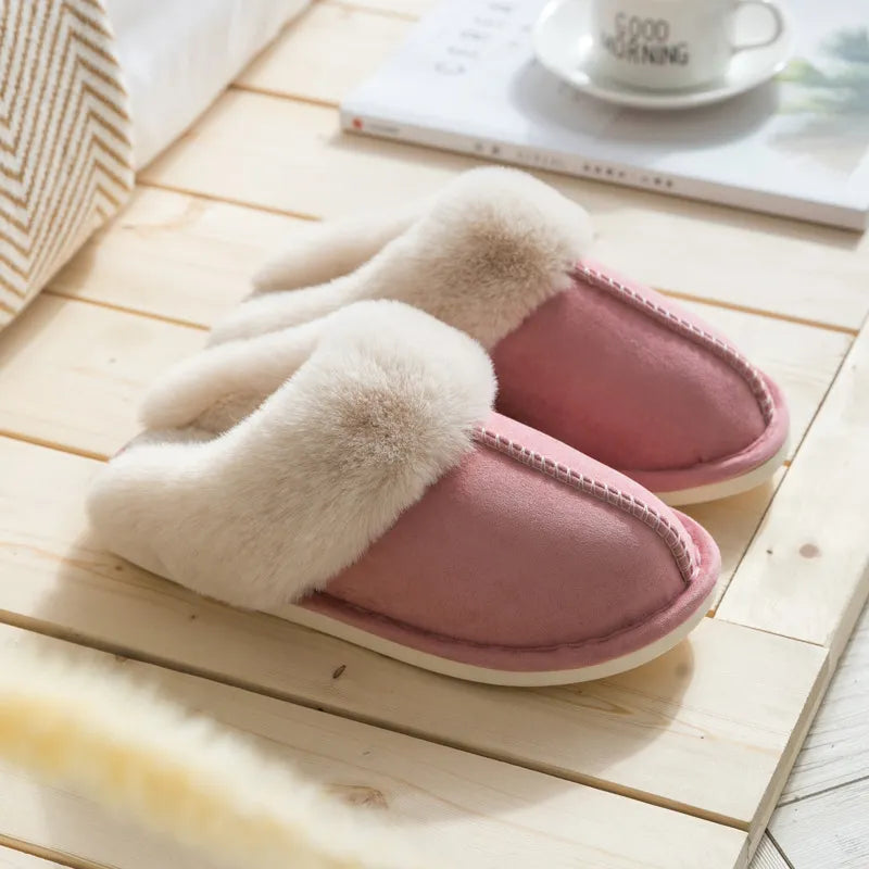 Winter Warm Home Fur Slippers Women Luxury Faux Suede Plush Couple Cotton Shoes Indoor Bedroom Flat Heels Fluffy Slippers