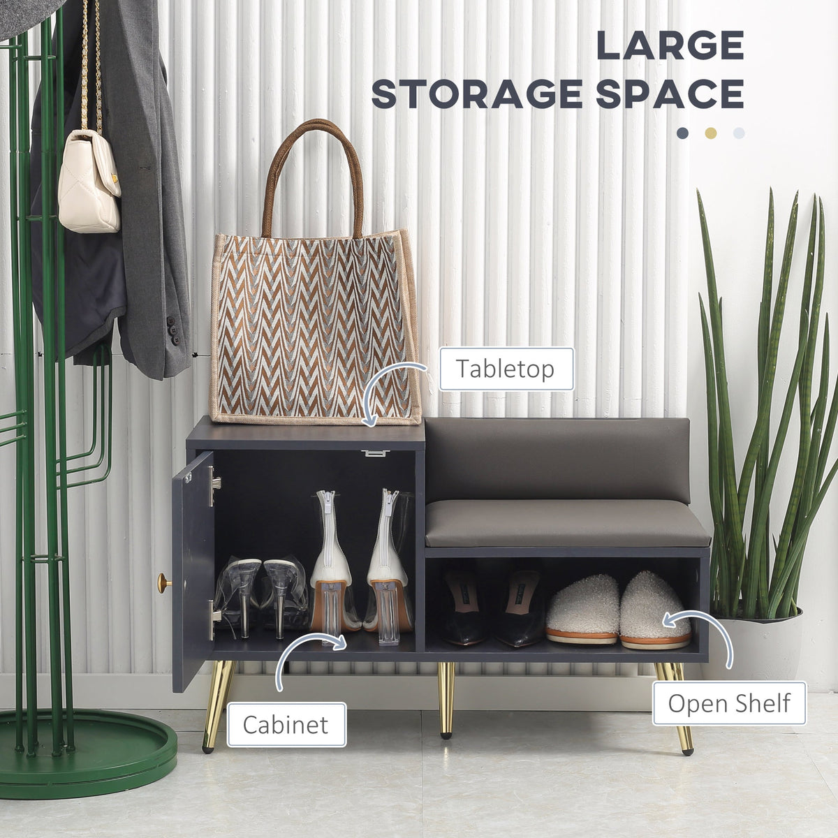 Navy Shoe Storage Bench with Padded Seat & Cabinet Hallway Organiser Gold Legs
