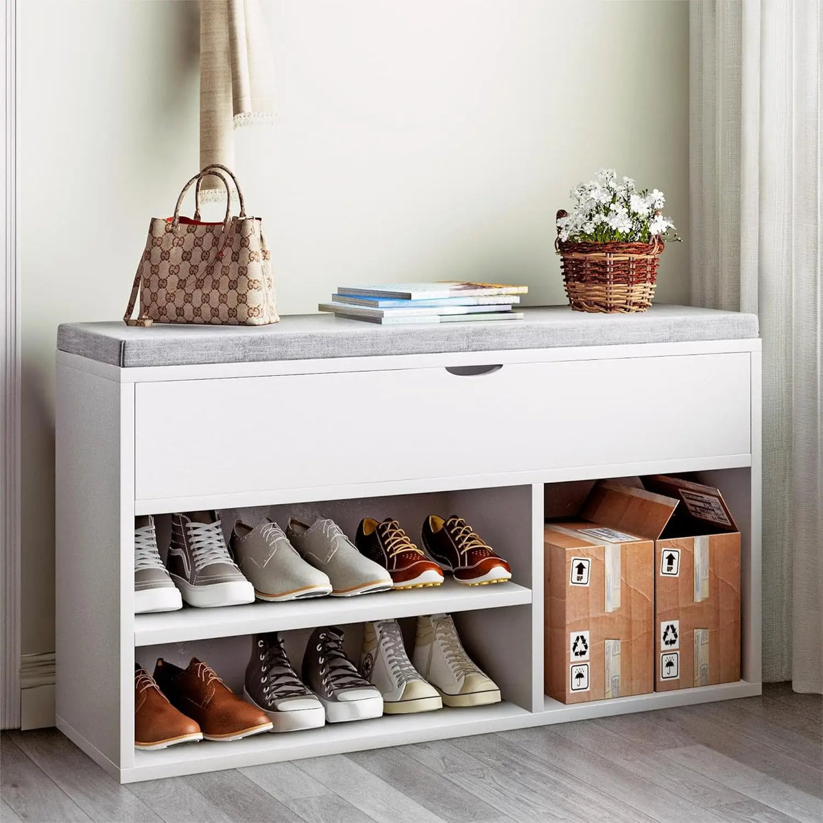 Shoe Storage Bench with Cushion - Padded Seat & Flip-Top Storage Organiser Rack
