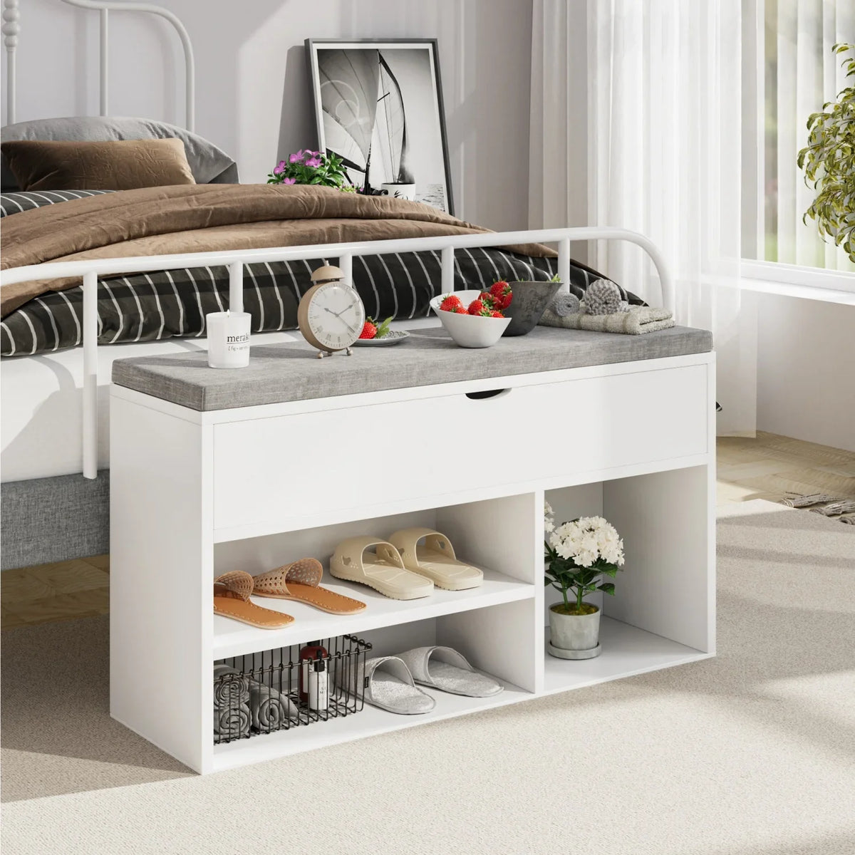 Shoe Storage Bench with Cushion - Padded Seat & Flip-Top Storage Organiser Rack