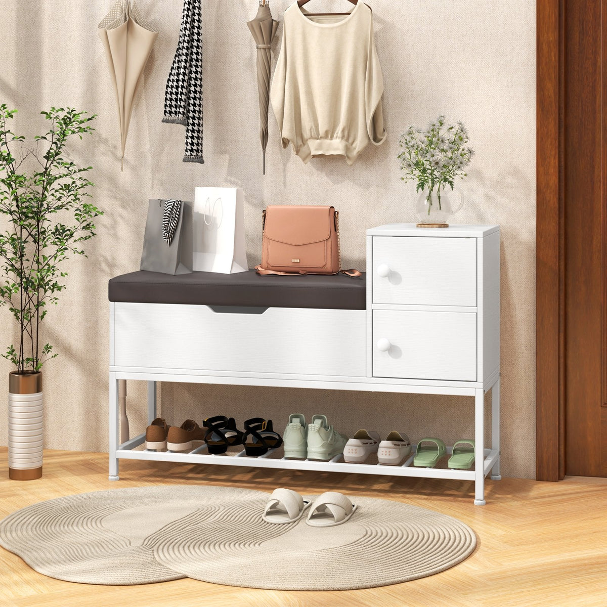 Shoe Entryway Bench with Flip Top Box and 2 Door Cabinets-Coffee