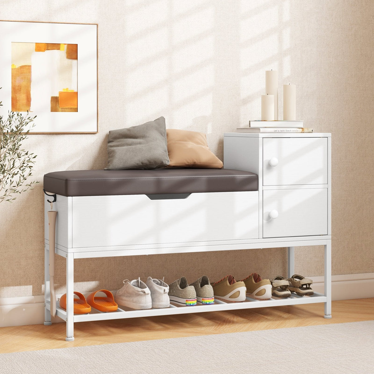 Shoe Entryway Bench with Flip Top Box and 2 Door Cabinets-Coffee