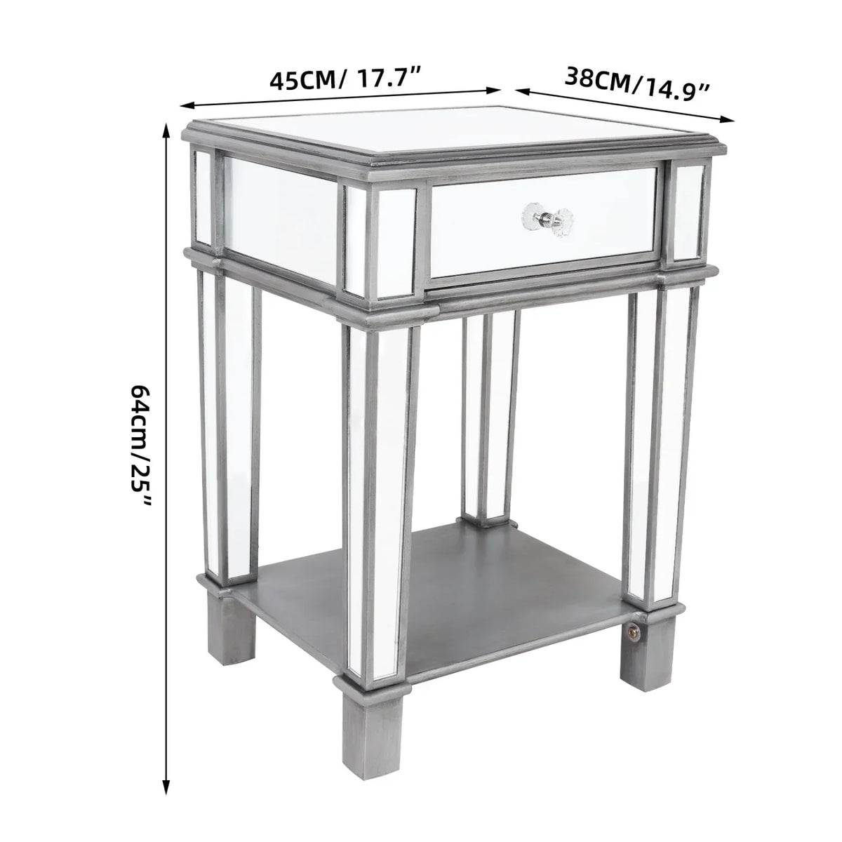 Silver Mirrored Nightstand End Side Table with Drawer – Bedside Cabinet Mirror