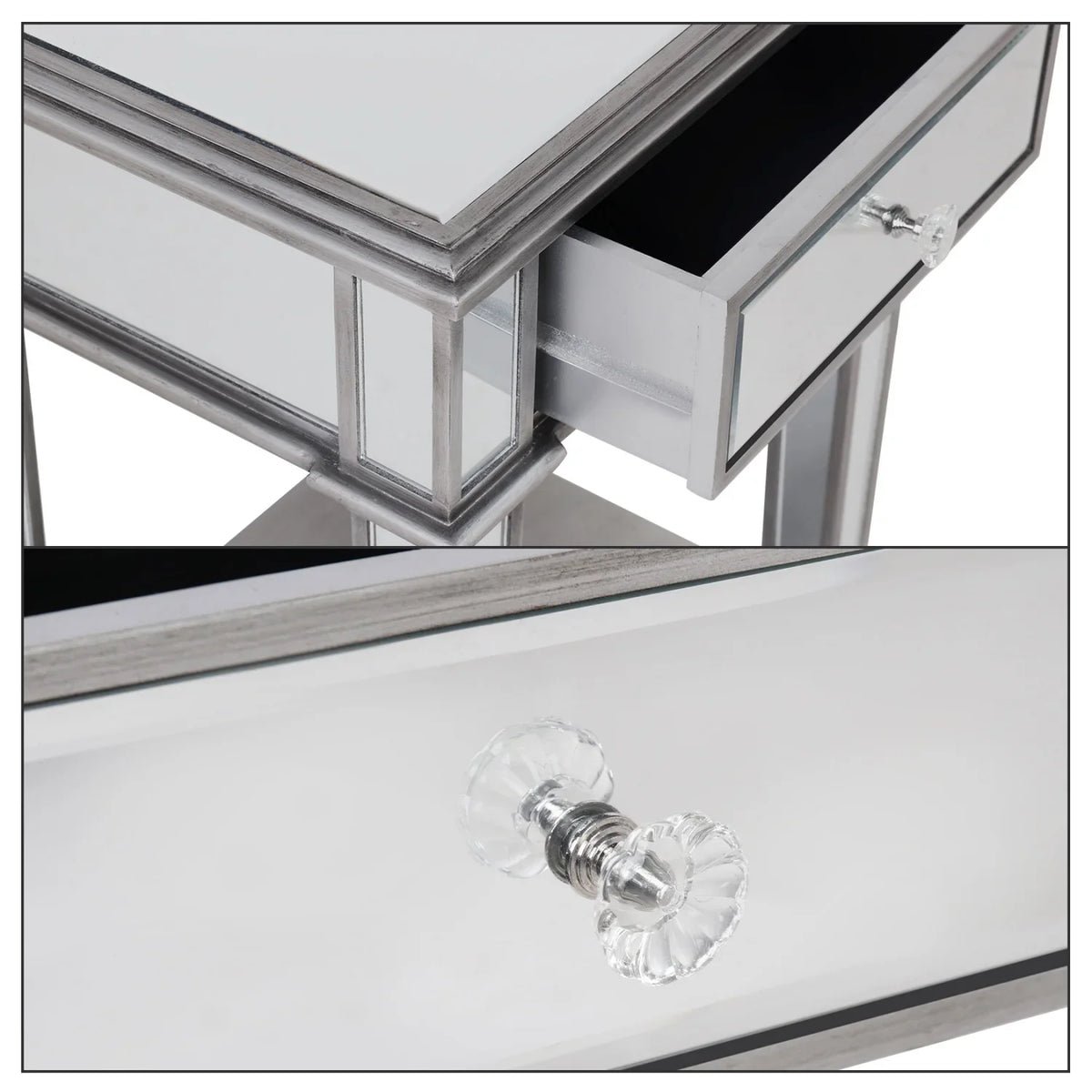 Silver Mirrored Nightstand End Side Table with Drawer – Bedside Cabinet Mirror