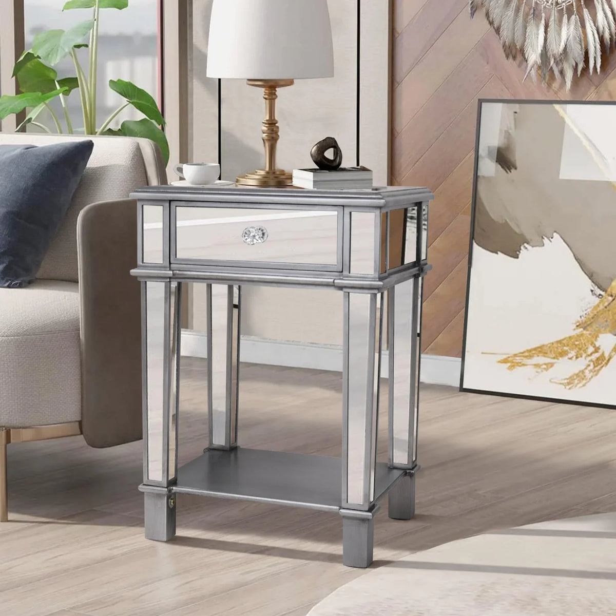 Silver Mirrored Nightstand End Side Table with Drawer – Bedside Cabinet Mirror