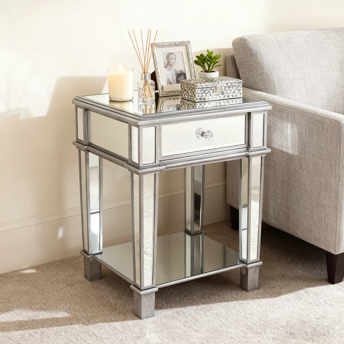 Silver Mirrored Nightstand End Side Table with Drawer – Bedside Cabinet Mirror