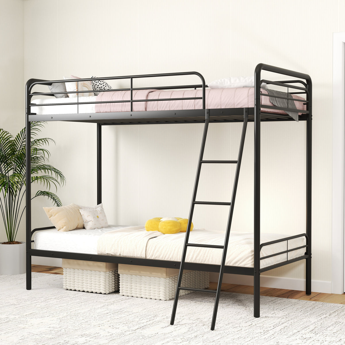 Single Bunk Bed with Ladder and Full-length Guardrails for Teens Adults-Black-Single Size