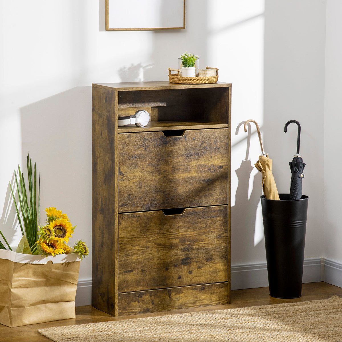Slim Shoe Cabinet Rustic Brown 2 Flip Drawers 12 Pair Shoes Storage Rack Holder