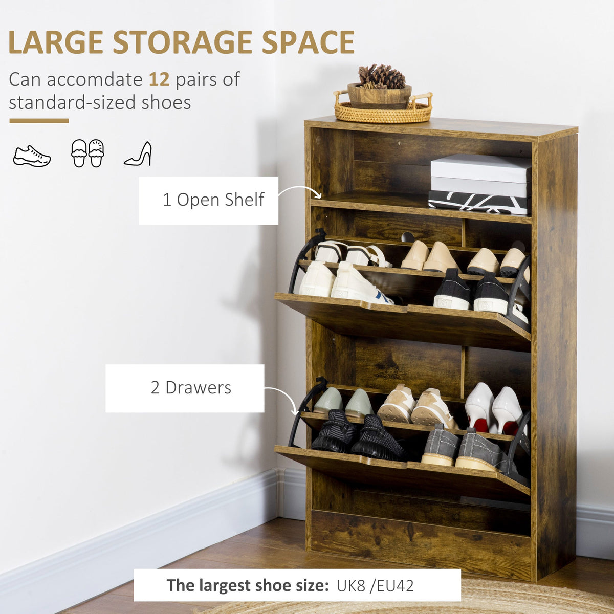 Slim Shoe Cabinet Rustic Brown 2 Flip Drawers 12 Pair Shoes Storage Rack Holder
