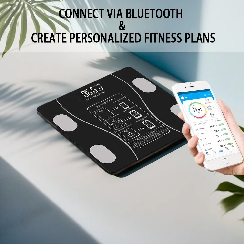 Smart Body Fat Scale - Black Glass Digital Bathroom Scales LED Display & App Tracking