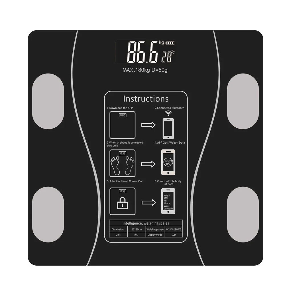 Smart Body Fat Scale - Black Glass Digital Bathroom Scales LED Display & App Tracking