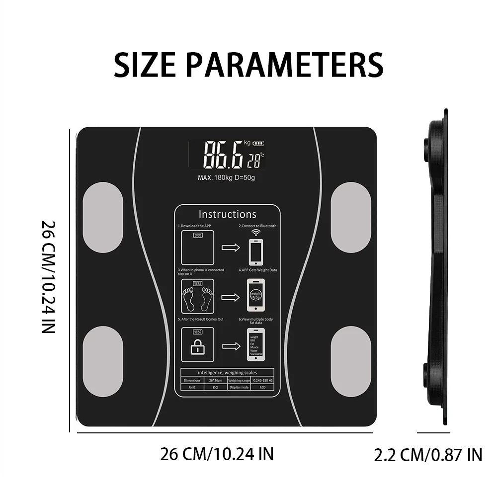 Smart Body Fat Scale - Black Glass Digital Bathroom Scales LED Display & App Tracking