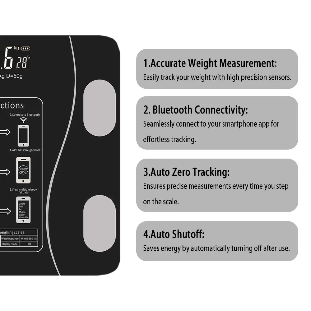 Smart Body Fat Scale - Black Glass Digital Bathroom Scales LED Display & App Tracking