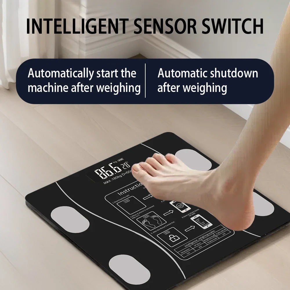 Smart Body Fat Scale - Black Glass Digital Bathroom Scales LED Display & App Tracking