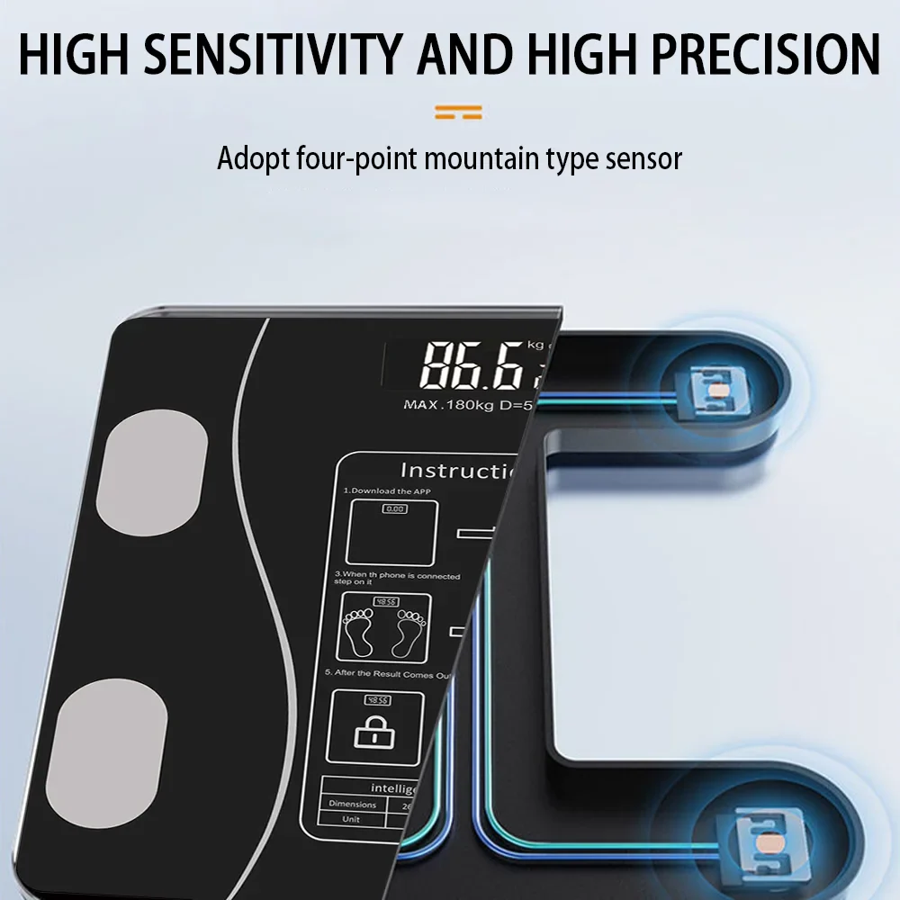 Smart Body Fat Scale - Black Glass Digital Bathroom Scales LED Display & App Tracking
