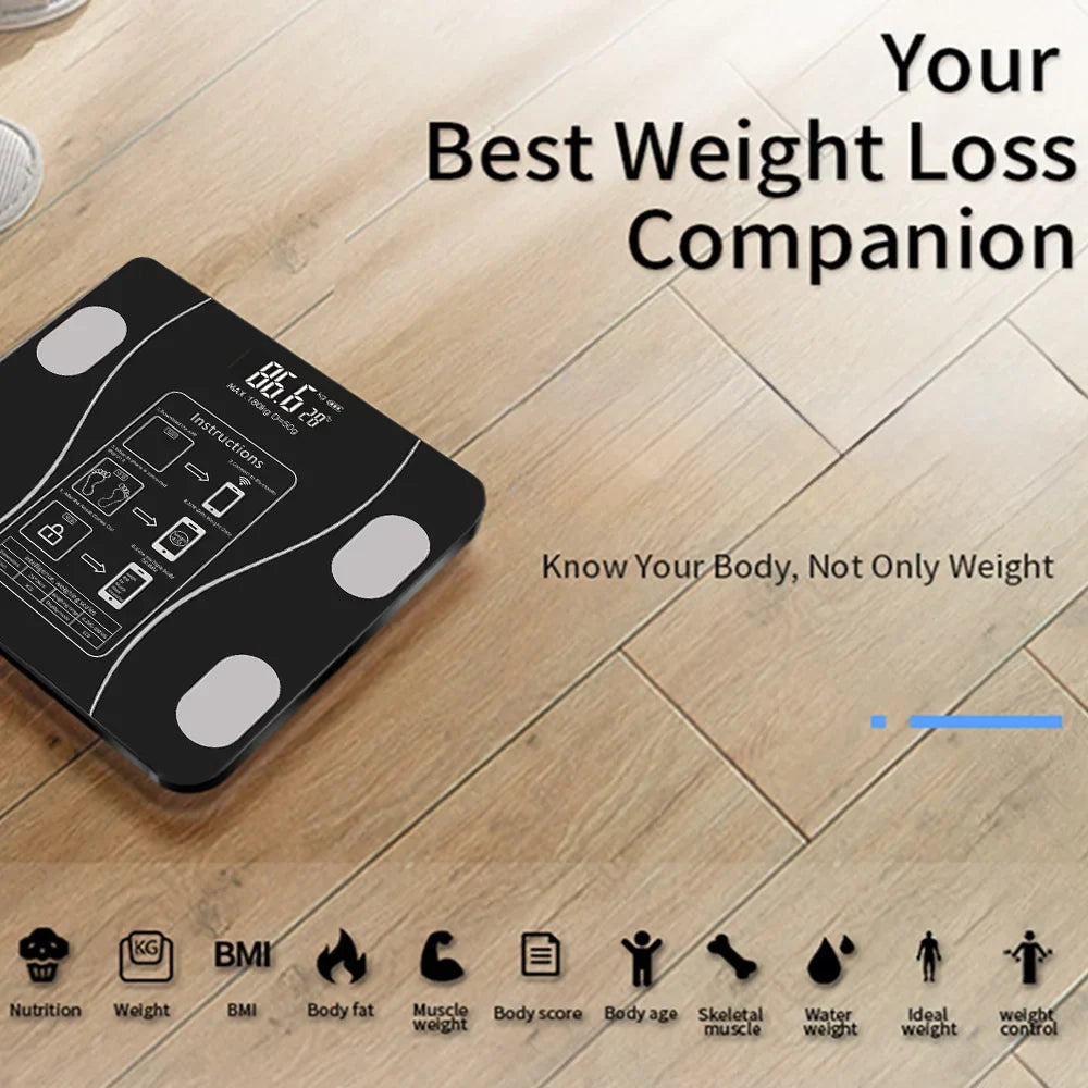 Smart Body Fat Scale - Black Glass Digital Bathroom Scales LED Display & App Tracking
