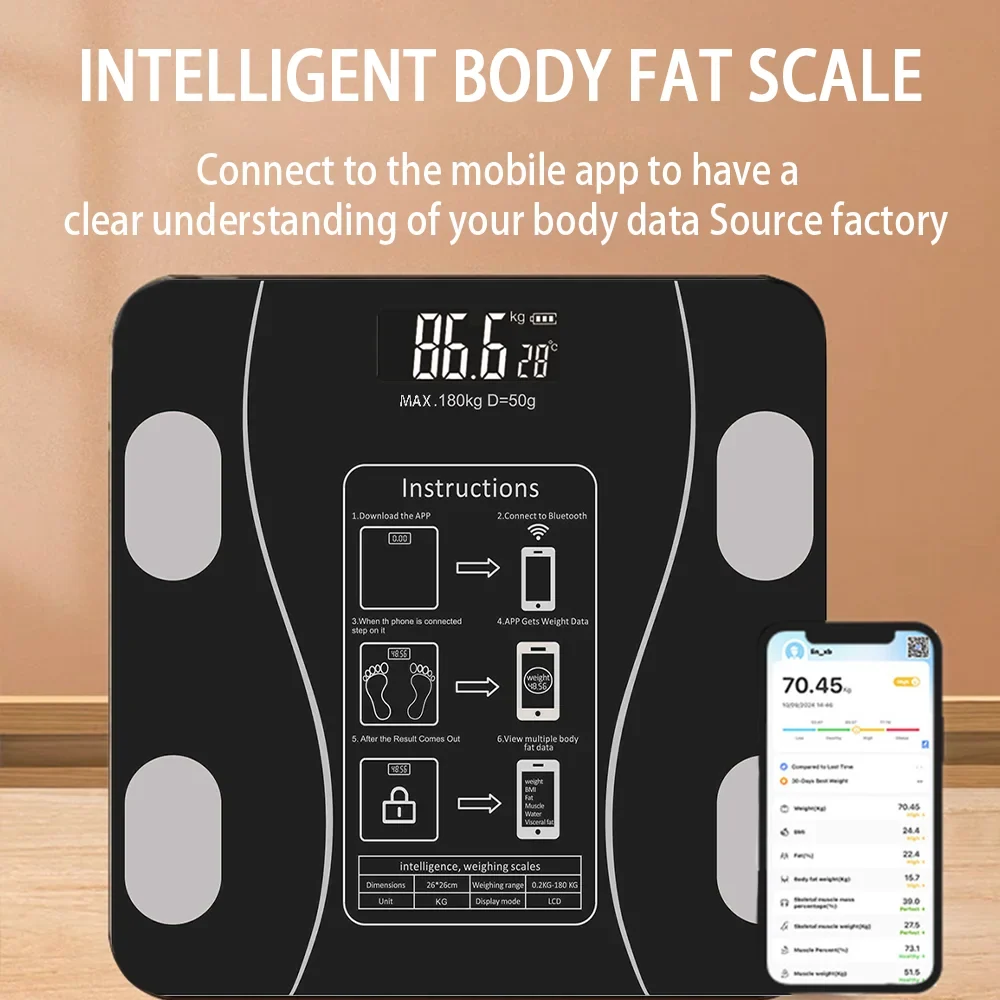 Smart Body Fat Scale - Black Glass Digital Bathroom Scales LED Display & App Tracking