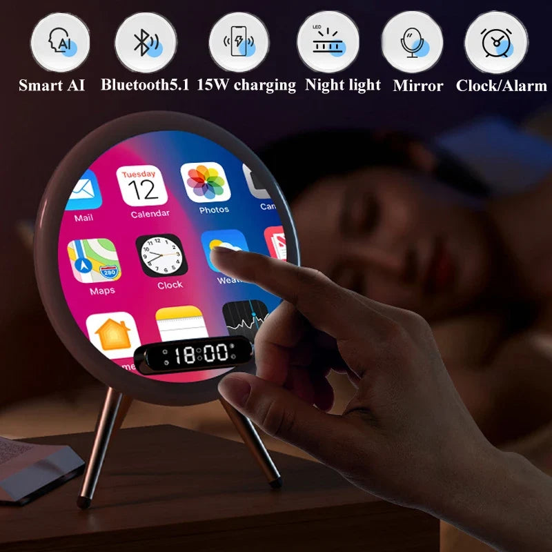Smart Bluetooth Speaker Mirror Alarm Clock LED Night Light Wireless Charger