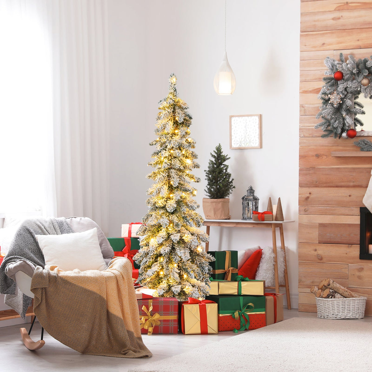 Snow-Flocked Slim Pencil Christmas Tree with 11 Lighting Modes-4FT