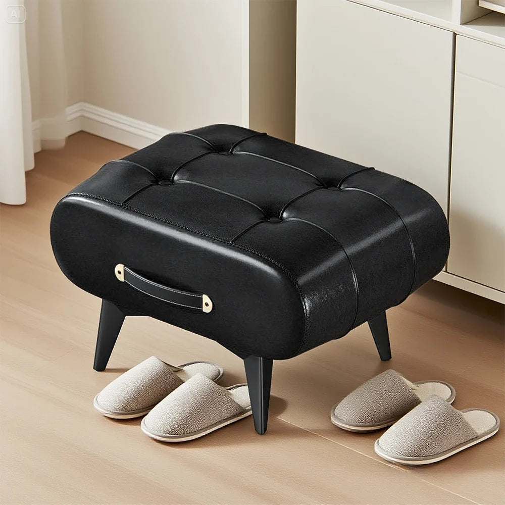 Black Square Faux Leather Stool - Modern Luxury Ottoman for Living Room Home Decor