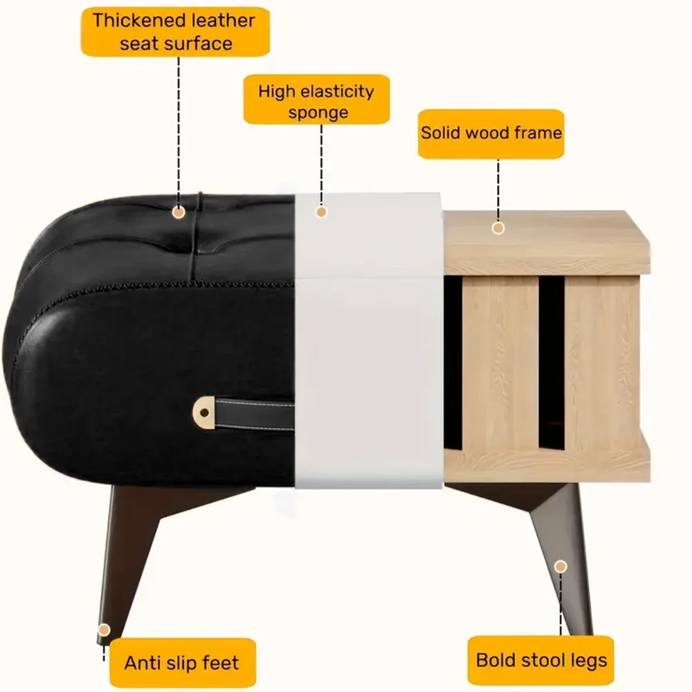 Black Square Faux Leather Stool - Modern Luxury Ottoman for Living Room Home Decor
