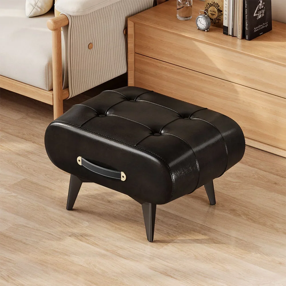 Black Square Faux Leather Stool - Modern Luxury Ottoman for Living Room Home Decor