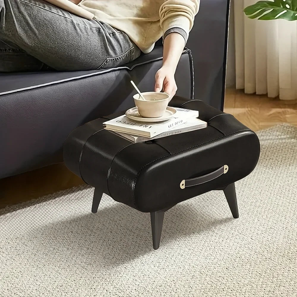 Black Square Faux Leather Stool - Modern Luxury Ottoman for Living Room Home Decor