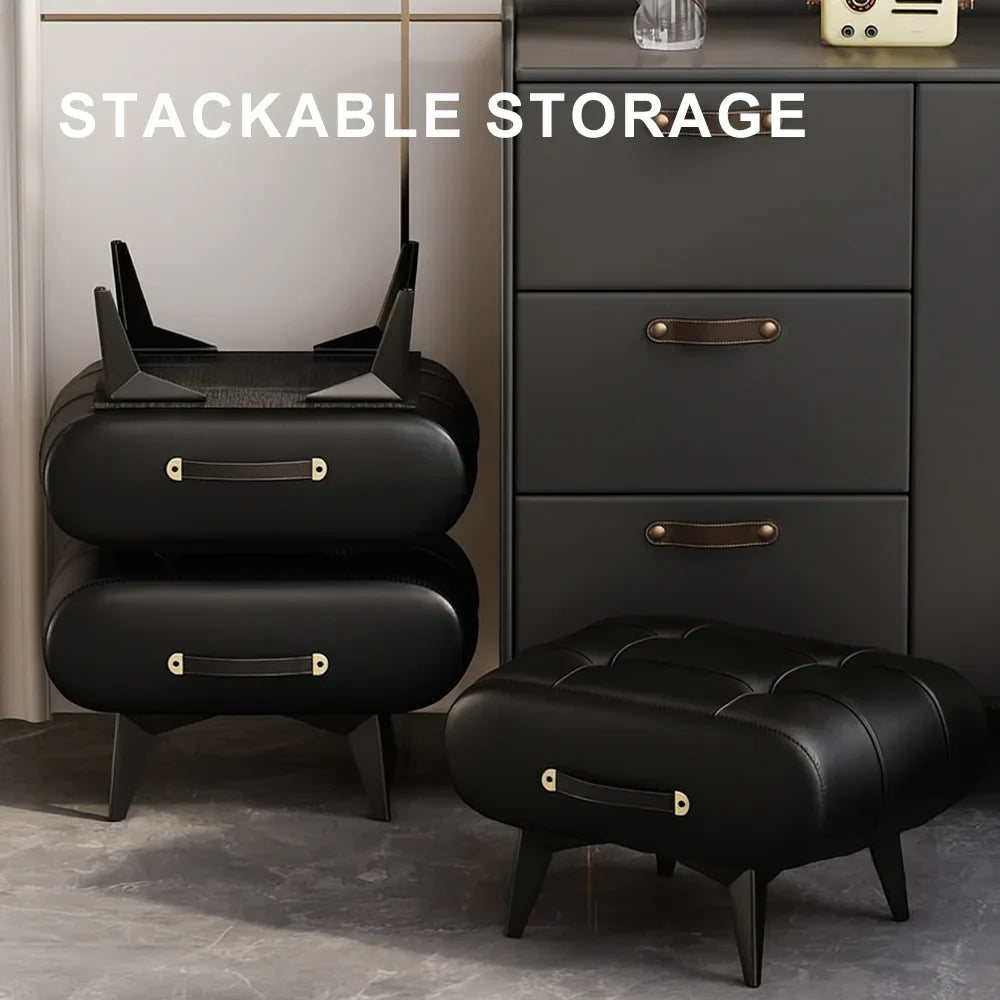 Black Square Faux Leather Stool - Modern Luxury Ottoman for Living Room Home Decor