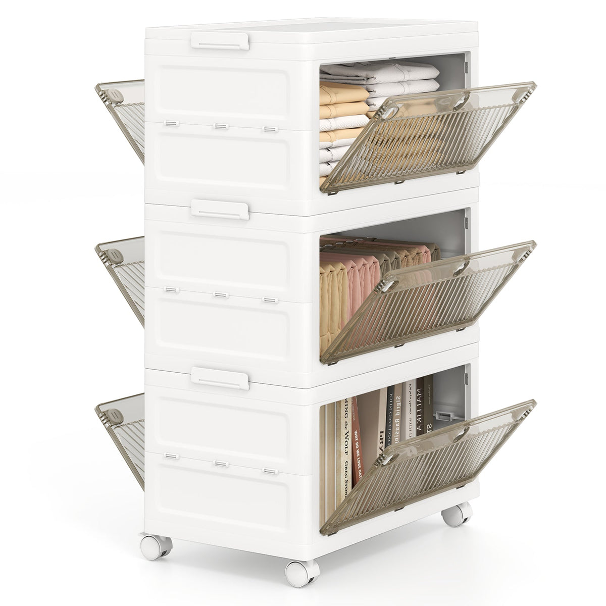 3-Tier/4-Tier Stackable Storage Bins with 3-Way-to-Open Drawers and Wheels-3-Tier