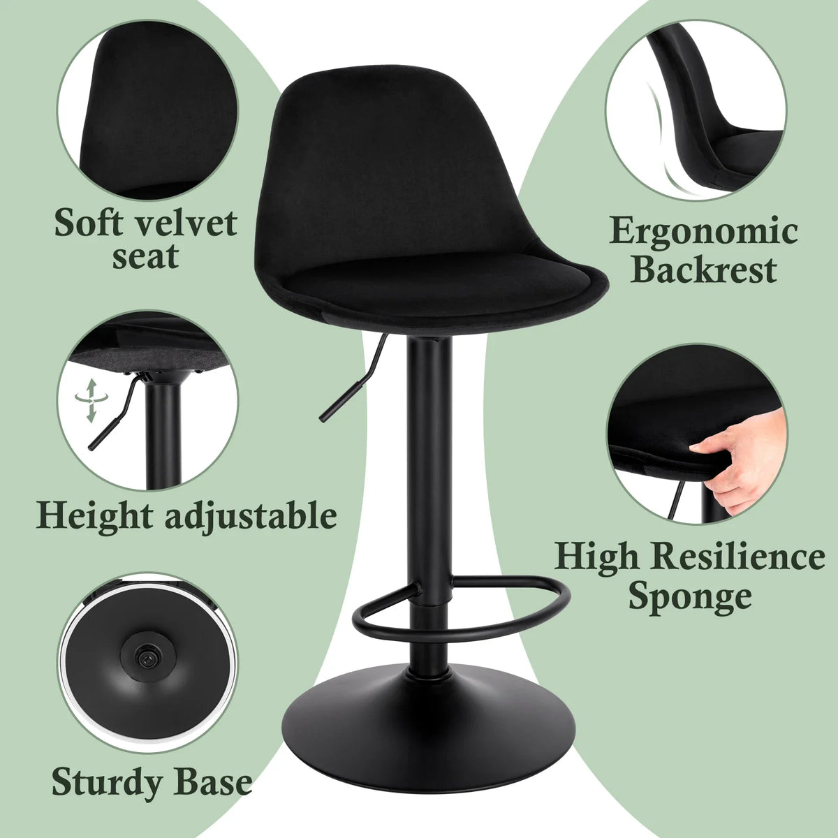 Height Adjustable Bar Stool - Faux Leather/Velvet Bar Chair Backrest Swivel High