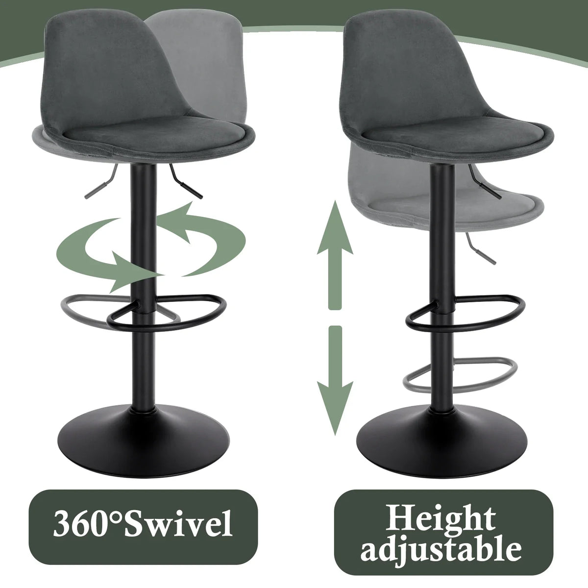 Height Adjustable Bar Stool - Faux Leather/Velvet Bar Chair Backrest Swivel High