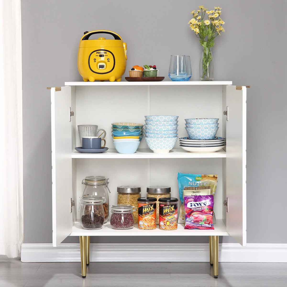 Storage Sideboard Cabinet Geometric Doors Gold Legs Modern Unit Bedside Side Table