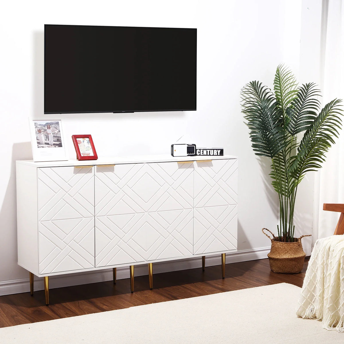 Storage Sideboard Cabinet Geometric Doors Gold Legs Modern Unit Bedside Side Table