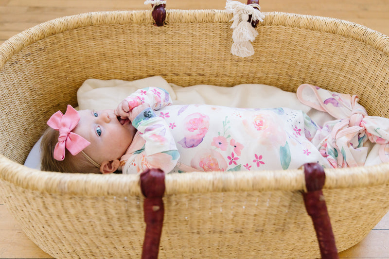Copper Pearl Newborn Knotted Gown – Bloom Print | 0–4 Months
