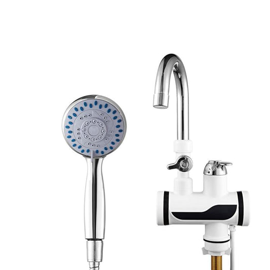 Grifo de agua caliente eléctrico con calentamiento instantáneo, pantalla digital dinámica, para cocina y uso doméstico, con agua fría y caliente, enchufe europeo, con cabezal de ducha, codo grande, tubo universal