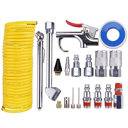 Kit de compresor de aire 20 en 1, kit de herramientas neumáticas NPT de 1/4 de pulgada con manguera de nailon en espiral de 7,5 m