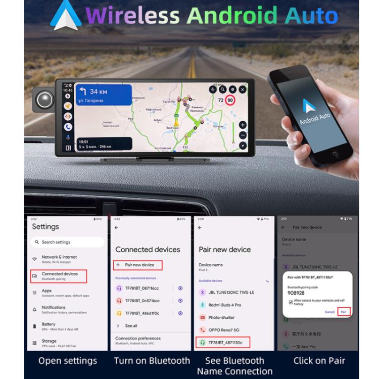 Wireless Apple CarPlay & Android Auto Display with Triple Dash Cam – Front, Interior & Rear Camera