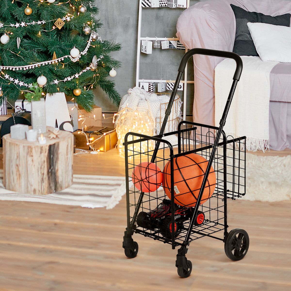 Folding Height Adjustable Shopping Trolley with Handle and Wheels-Black