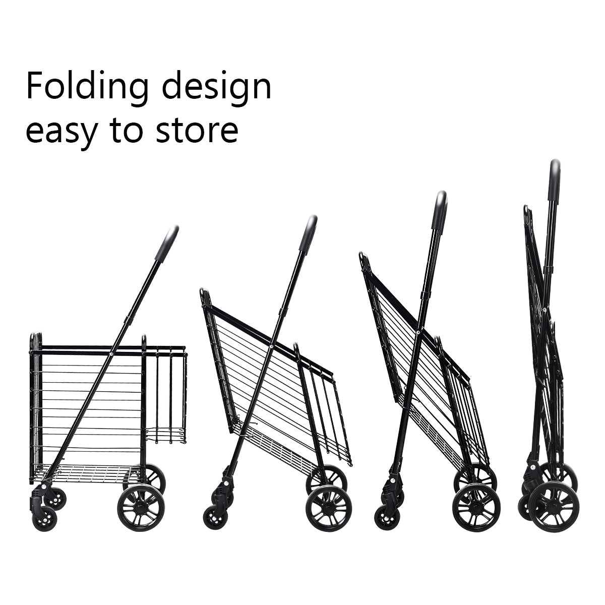 Folding Height Adjustable Shopping Trolley with Handle and Wheels-Black