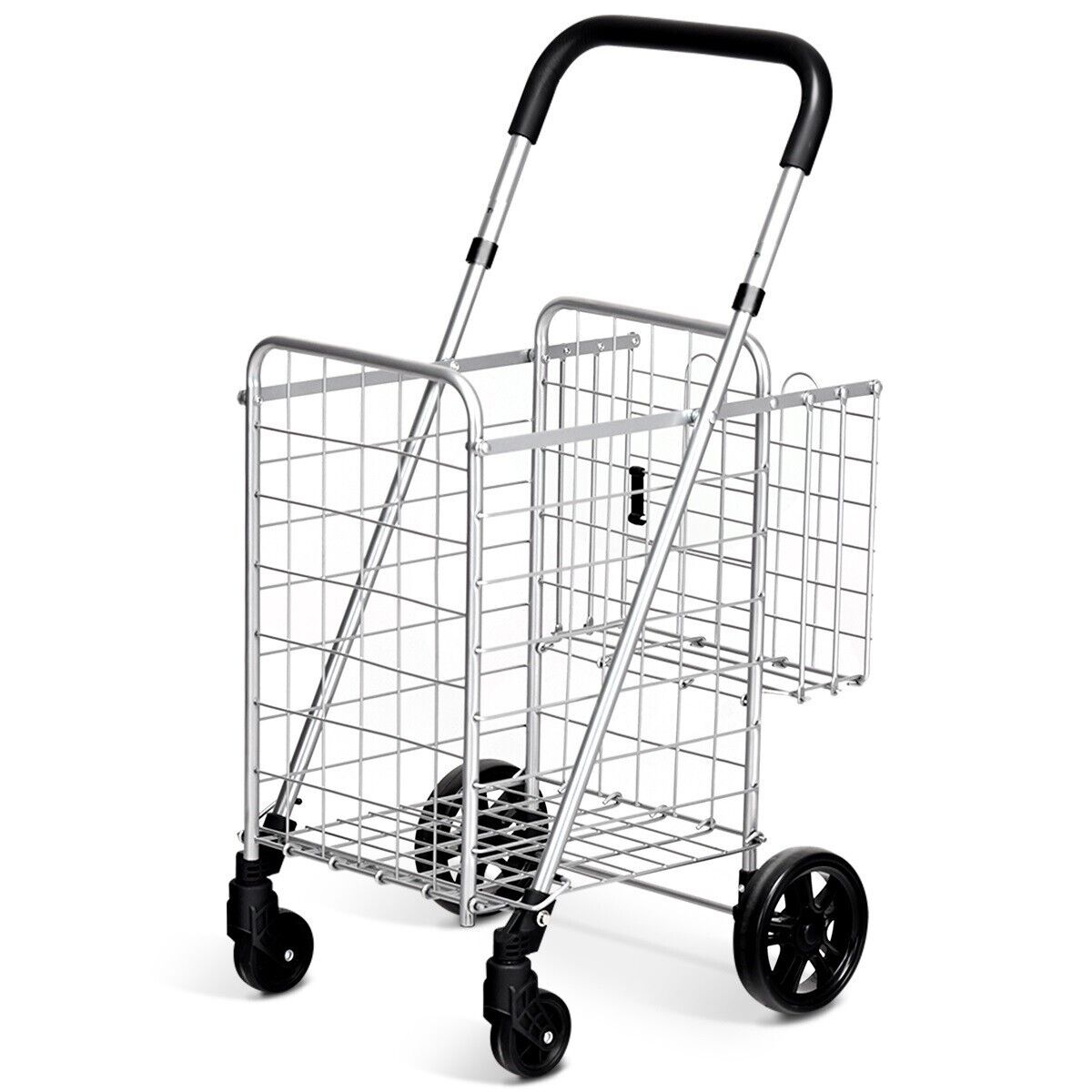 Folding Height Adjustable Shopping Trolley with Handle and Wheels-Black