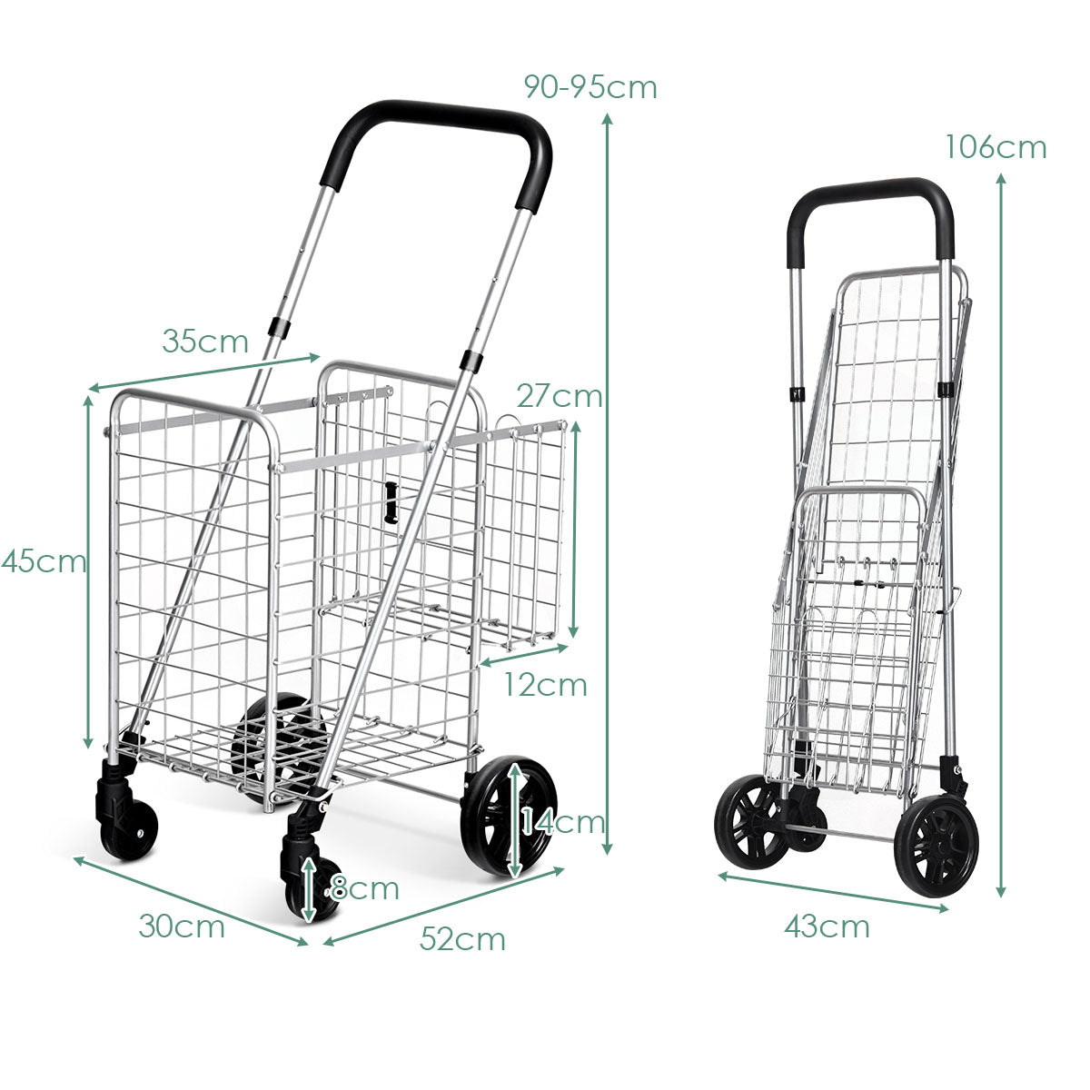 Folding Height Adjustable Shopping Trolley with Handle and Wheels-Black