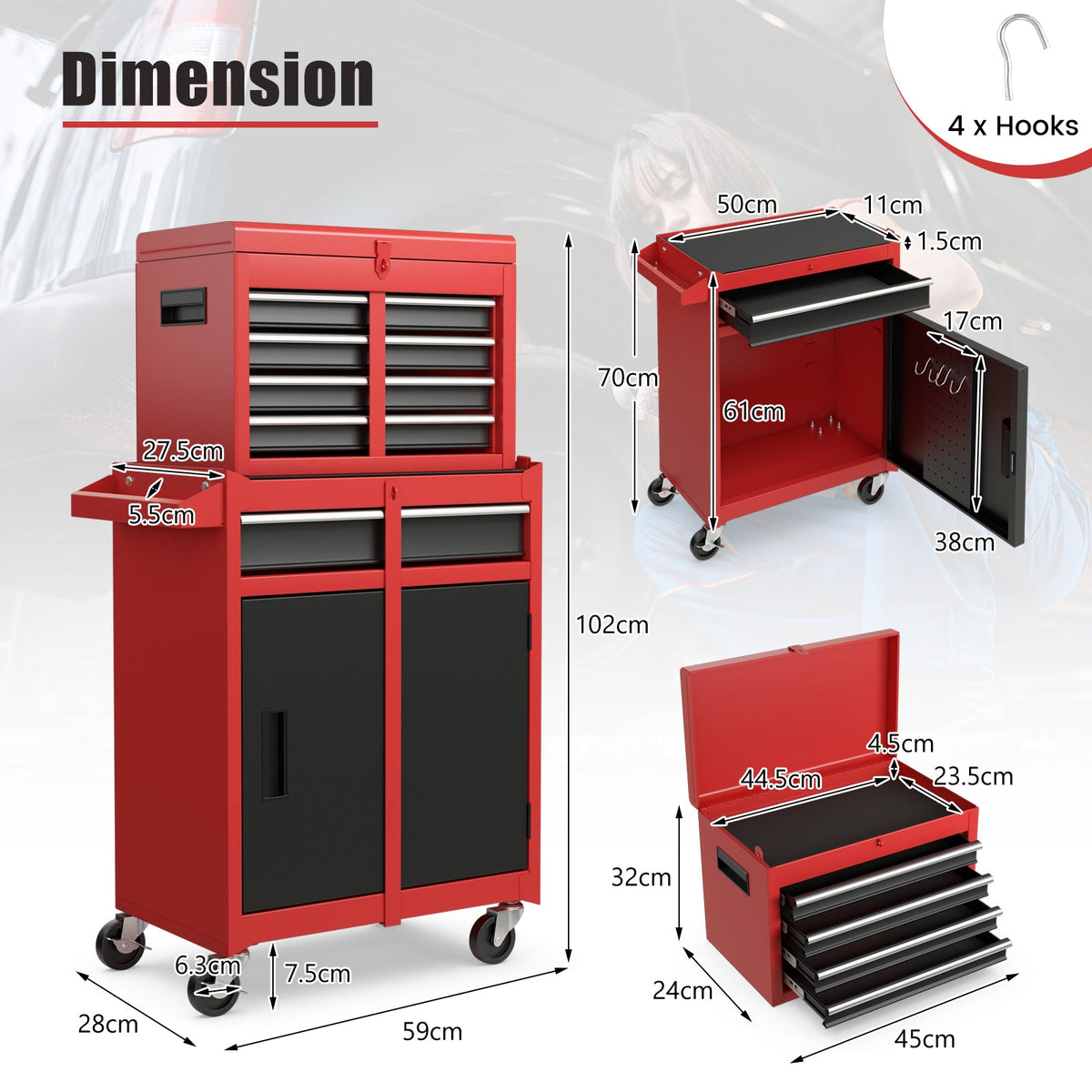 High Capacity Tool Storage Cabinet with Lockable Wheels-Black