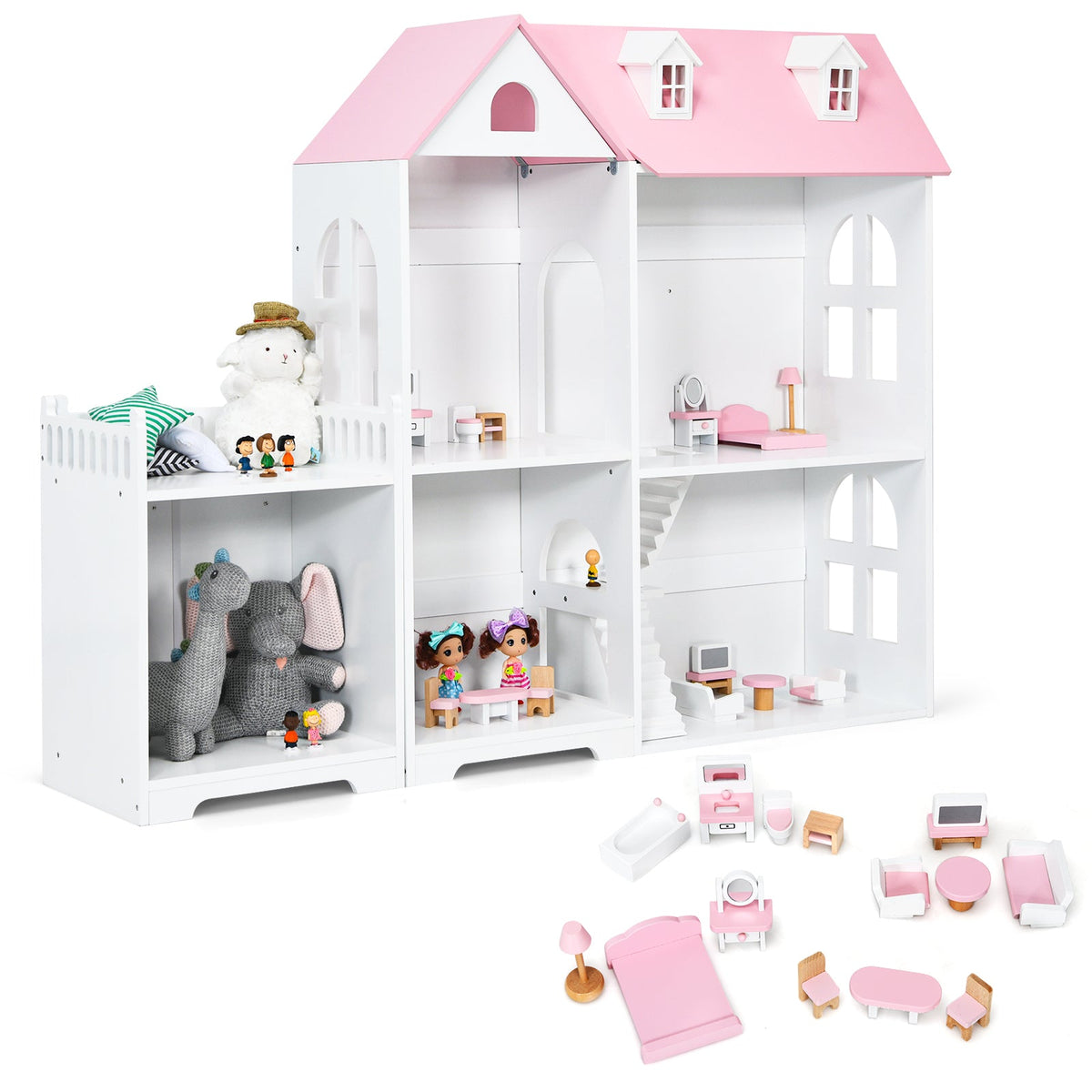 Large Wooden Dolls House with Furniture and Accessories-Grey