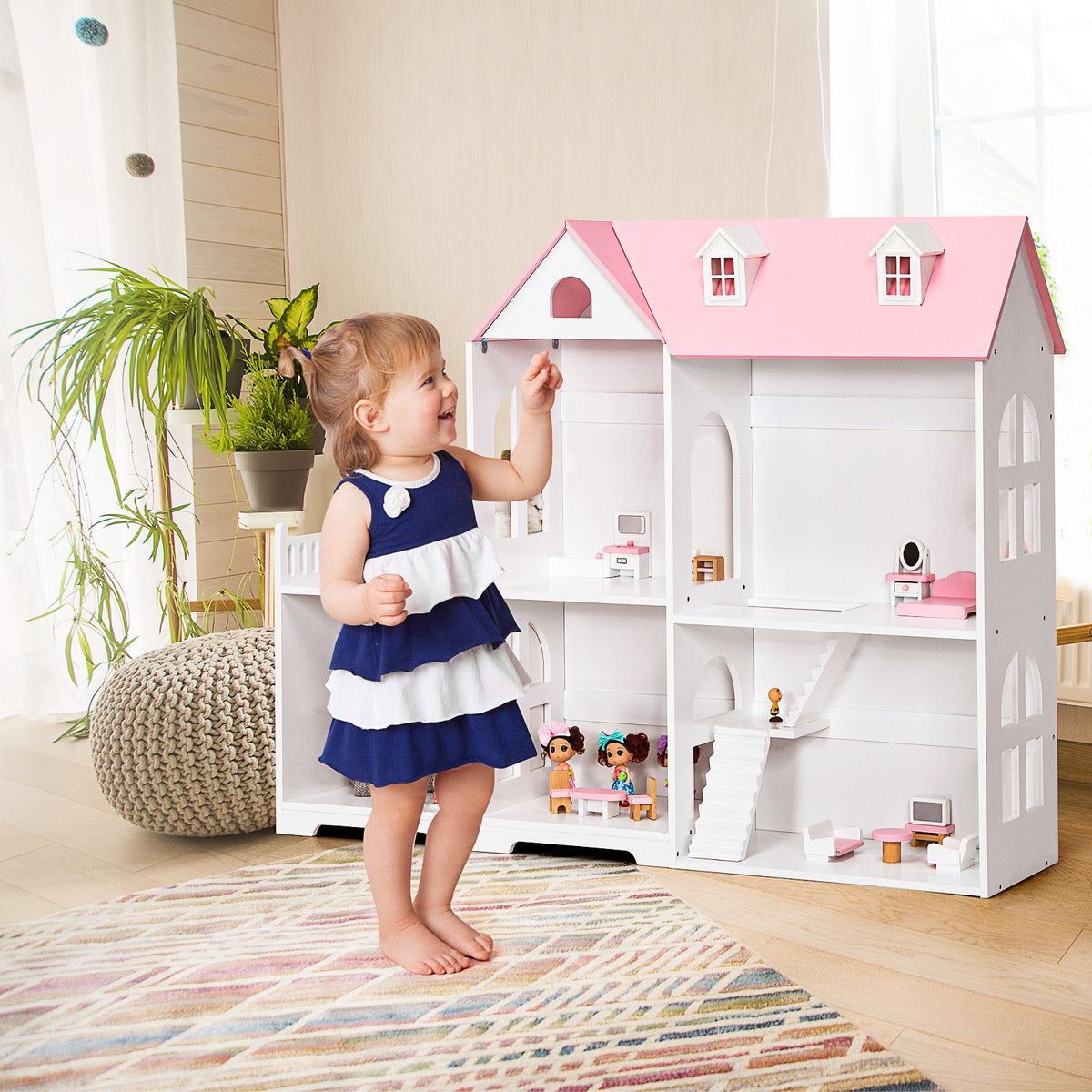 Large Wooden Dolls House with Furniture and Accessories-Grey