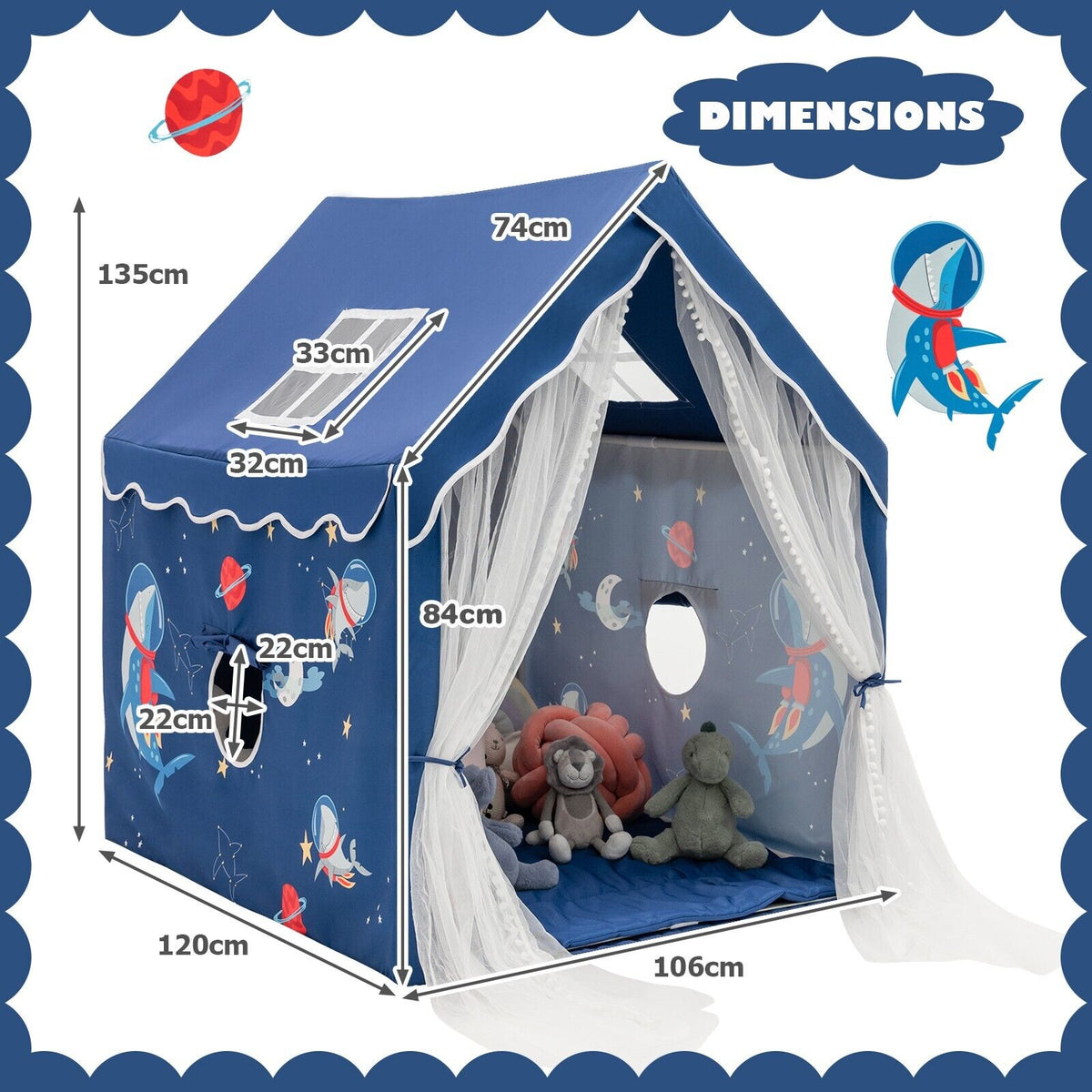 Kids Play Tent with Washable Mat and Windows-Blue